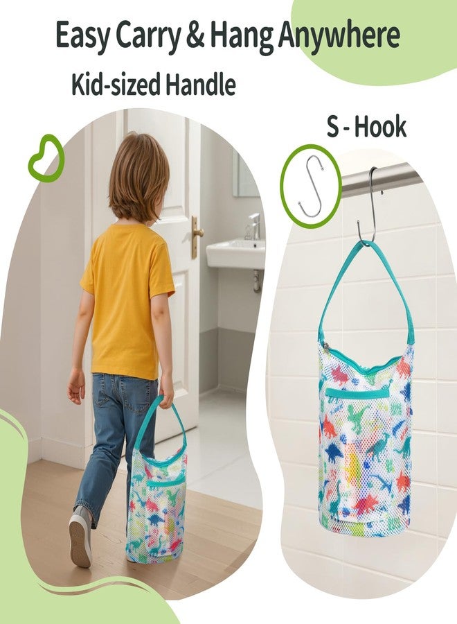 BrainyBees Kids Mesh Shower Caddy - Small Portable Toiletry Tote Bag for Camp Dorm Gym, Quick Dry Hanging Organizer with Zipper Pocket, Black Dinosaur - Image 4