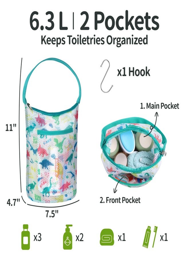 BrainyBees Kids Mesh Shower Caddy - Small Portable Toiletry Tote Bag for Camp Dorm Gym, Quick Dry Hanging Organizer with Zipper Pocket, Black Dinosaur - Image 2