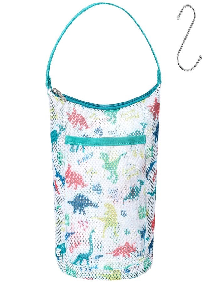 BrainyBees Kids Mesh Shower Caddy - Small Portable Toiletry Tote Bag for Camp Dorm Gym, Quick Dry Hanging Organizer with Zipper Pocket, Black Dinosaur - Image 1