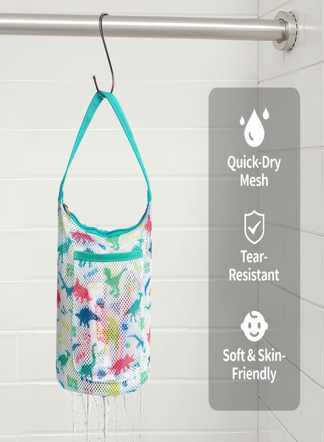BrainyBees Kids Mesh Shower Caddy - Small Portable Toiletry Tote Bag for Camp Dorm Gym, Quick Dry Hanging Organizer with Zipper Pocket, Black Dinosaur - Image 3