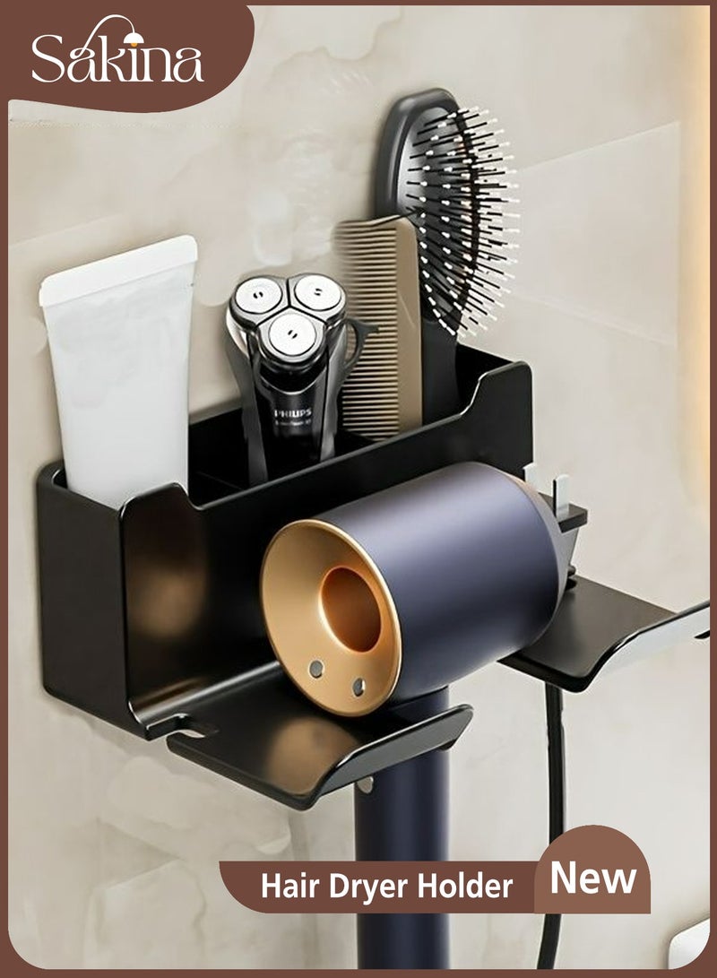 Sakina Wall-Mounted Hair Dryer Holder, 3-Compartment Bathroom Organizer Rack, Hands-Free Blow Dryer Stand, Space-Saving Storage Accessory, Black - Image 1