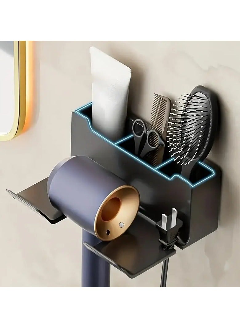 Sakina Wall-Mounted Hair Dryer Holder, 3-Compartment Bathroom Organizer Rack, Hands-Free Blow Dryer Stand, Space-Saving Storage Accessory, Black - Image 3