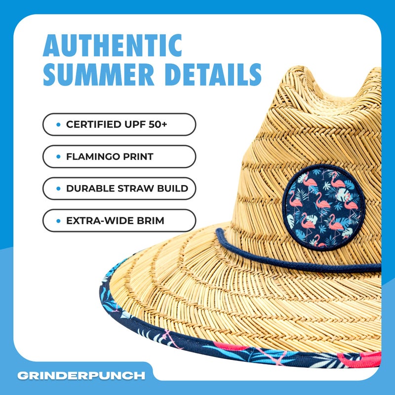 grinderPUNCH Lifeguard Hat Mens Straw Sun Hat for Beach, Outdoor, and Travel | UPF 50+ Sun Protection | Wide Brim Straw Beach Hat | Classic Sun Hat for Men and Women (Flamingo Palm) - Image 3