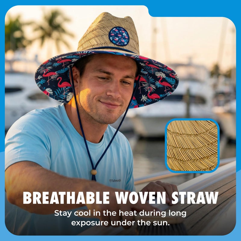 grinderPUNCH Lifeguard Hat Mens Straw Sun Hat for Beach, Outdoor, and Travel | UPF 50+ Sun Protection | Wide Brim Straw Beach Hat | Classic Sun Hat for Men and Women (Flamingo Palm) - Image 4