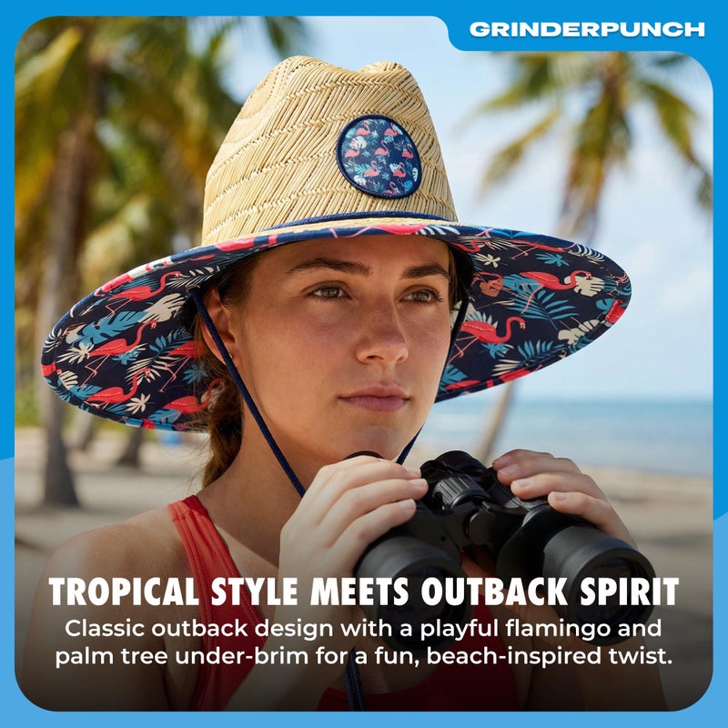 grinderPUNCH Lifeguard Hat Mens Straw Sun Hat for Beach, Outdoor, and Travel | UPF 50+ Sun Protection | Wide Brim Straw Beach Hat | Classic Sun Hat for Men and Women (Flamingo Palm) - Image 2