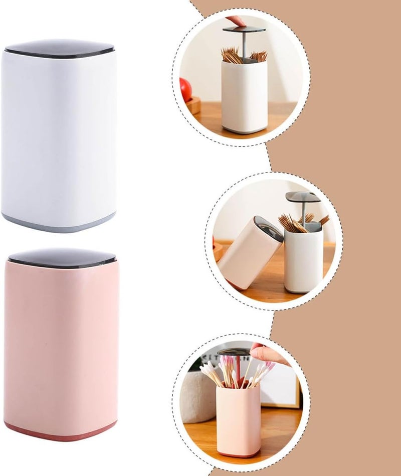 Garneck Cotton Swab Storage Box and Toothpick Holder 2pcs, Automatic Press Dispenser with Divided Compartments, Plastic Case for Home Bathroom Organization, White Gray Pink Random Color - Image 3
