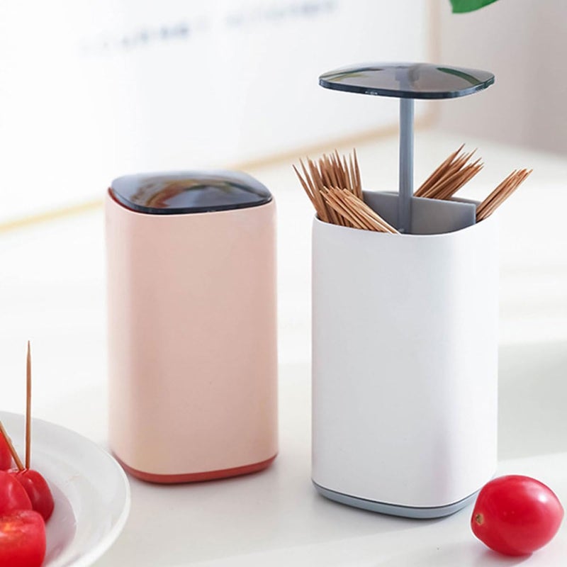 Garneck Cotton Swab Storage Box and Toothpick Holder 2pcs, Automatic Press Dispenser with Divided Compartments, Plastic Case for Home Bathroom Organization, White Gray Pink Random Color - Image 5