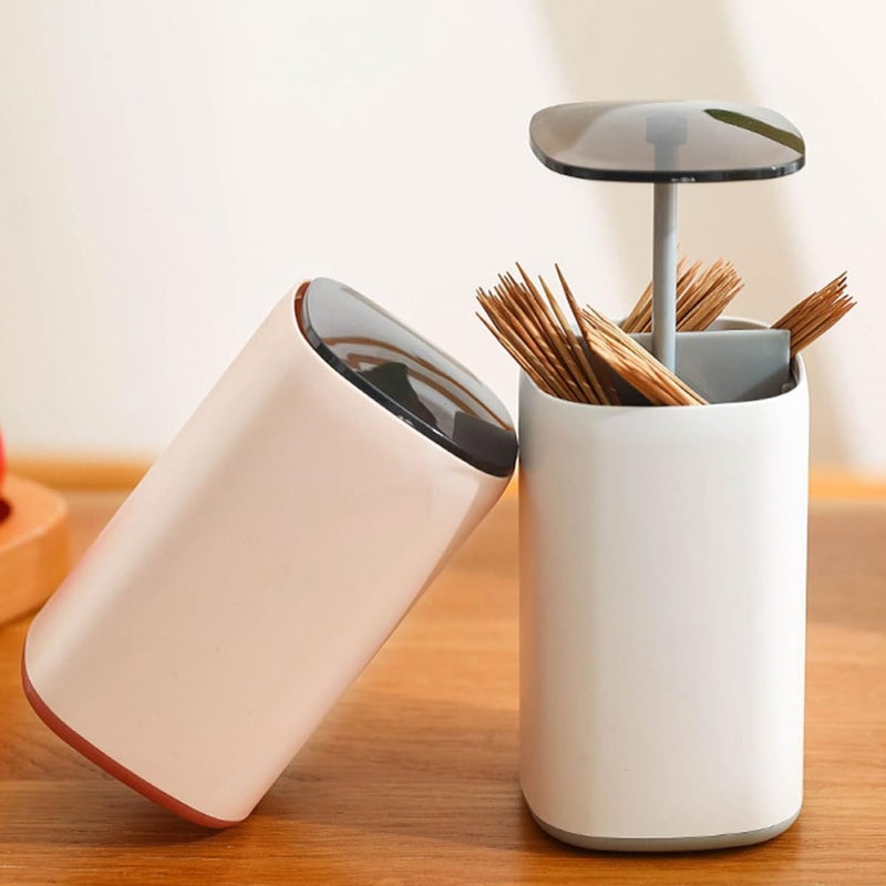 Garneck Cotton Swab Storage Box and Toothpick Holder 2pcs, Automatic Press Dispenser with Divided Compartments, Plastic Case for Home Bathroom Organization, White Gray Pink Random Color - Image 4
