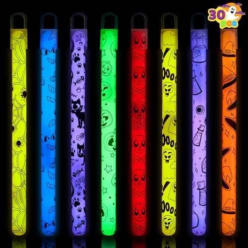 JOYIN 30 Pcs Halloween Glow Sticks Bulk Party Pack Hanging Wands in 8 Design 6 Color Light Up Stick for Kid Glow in The Dark Halloween Party Favor Supplies Goodie Bag Filler Trick or Treating Gift - Image 1