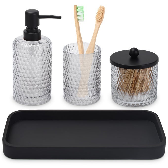 BATHROOM ACCESSORY SET4 PCS CLEAR GLASS BATHROOM ACCESSORIES SETLOTION SOAP DISPENSERTOOTHBRUSH HOLDERQTIP HOLDER DISPENSER RESIN VANITY TRAYCOUNTERTOP VANITY ORGANIZERCRYSTAL CLEAR