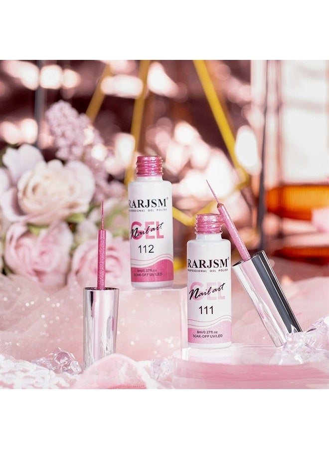 RARJSM Metallic Gel Liner Nail Art Pink,Glitter Painting Gel Nail Polish 2PCS Set,Mirror Chrome Hot Pink Drawing Line Art Gel with Thin Brush Nail Design Line Wire Curing Requires 8ml DIY Manicure