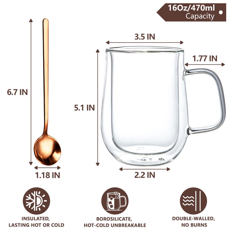 COMOME Double Walled Glass Coffee Mugs 16 OZ, Borosilicate Glass Coffee Cups Set of 4 with Spoons, Insulated Clear Coffee Mug for Hot Beverages, Cappuccino, Latte, Tea Bag. - Image 2