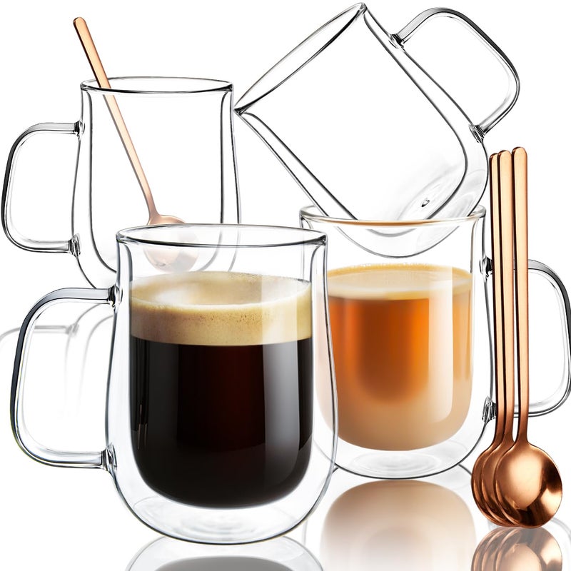 COMOME Double Walled Glass Coffee Mugs 16 OZ, Borosilicate Glass Coffee Cups Set of 4 with Spoons, Insulated Clear Coffee Mug for Hot Beverages, Cappuccino, Latte, Tea Bag. - Image 1