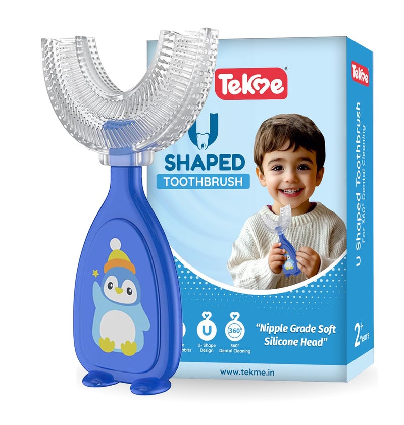 tekme U Shaped Toothbrush for Kids, Food Grade Soft Silicone Brush Head, 360° Oral Teeth Cleaning Tools, Children Infant U Shape Manual Toothbrush (2-6 Years | Blue) - Image 1