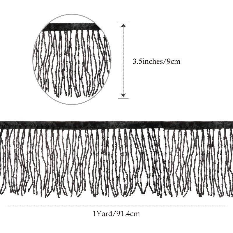 AWAYTR 1 Yard Beaded Fringe Trim - 3.5in Wide Glass Beaded Fringe for Dress Clothing and DIY Crafts (Black) - Image 2