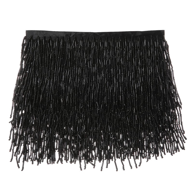 AWAYTR 1 Yard Beaded Fringe Trim - 3.5in Wide Glass Beaded Fringe for Dress Clothing and DIY Crafts (Black) - Image 1