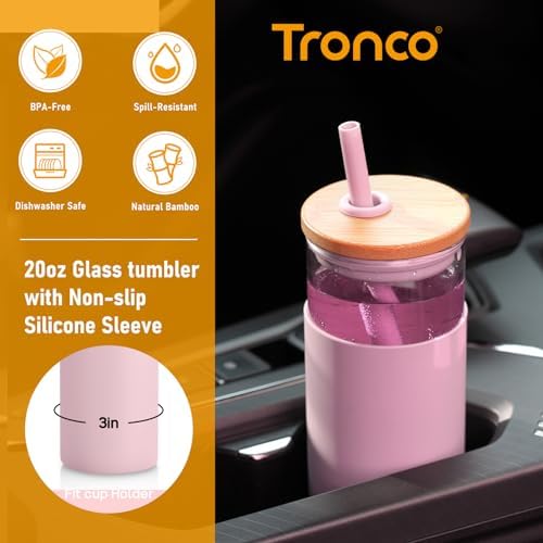 Tronco 20 oz Glass Tumbler Glass Water Bottle Straw Silicone Protective Sleeve Bamboo Lid - BPA Free -Amber - Image 2
