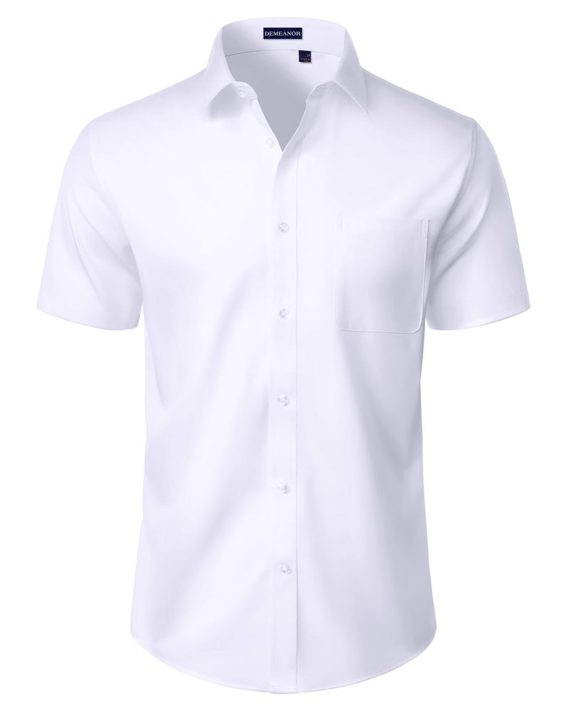 DEMEANOR Mens Short Sleeve Dress Shirts Stretch Fitted Casual Work Summer Wedding Button Down Shirts with Pocket White Large - Image 1