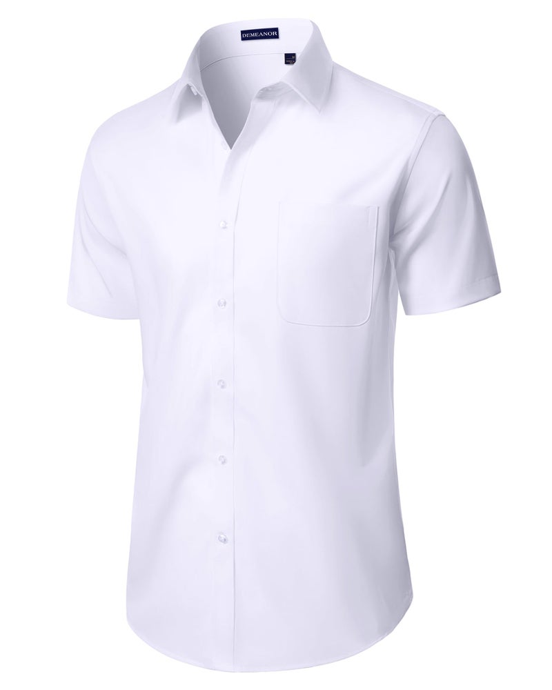 DEMEANOR Mens Short Sleeve Dress Shirts Stretch Fitted Casual Work Summer Wedding Button Down Shirts with Pocket White Large - Image 3