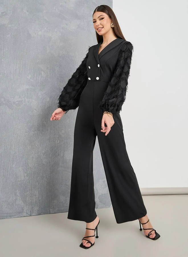 Take Two Fringe Volume Sleeve Wide Leg Jumpsuit