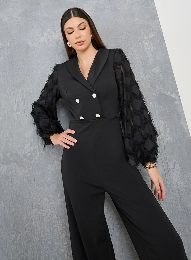 Take Two Fringe Volume Sleeve Wide Leg Jumpsuit