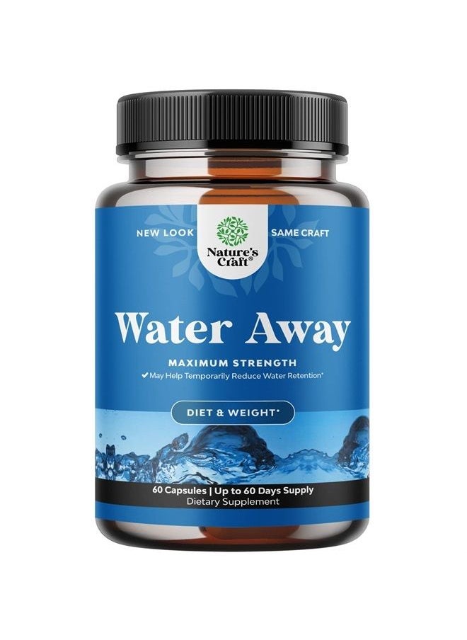 Natures Craft - Water Away Pills Maximum Strength - Herbal Diuretic Pills for Water Retention for Fast Acting Bloating Relief for Women and Men - Easy To Take Water Retention Pills for Women and Men - 60 Servings - Image 1