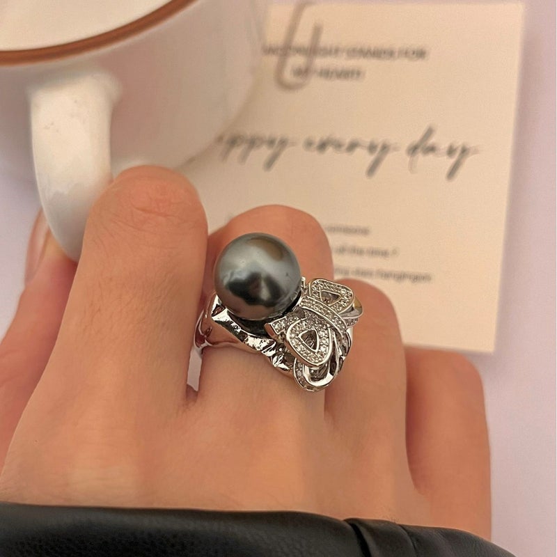 Chinese Style Niche Design Metal Lava Eyes Lava Stacked Ring Gray Handmade Gray Pearl Tai Chi Gossip Ring - Image 4