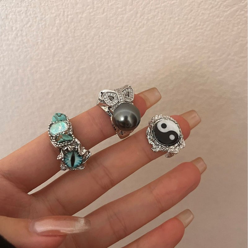 Chinese Style Niche Design Metal Lava Eyes Lava Stacked Ring Gray Handmade Gray Pearl Tai Chi Gossip Ring - Image 5