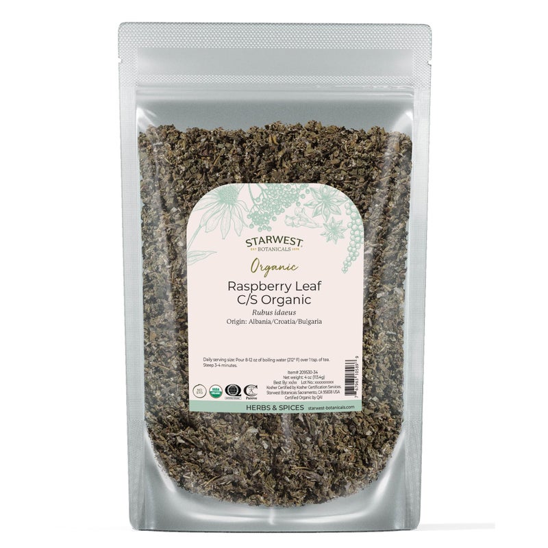 Starwest Botanicals ستارويست بوتانيكالز أورجانيك ورق توت العليق - شاي أعشاب فضفاض، خالي من الكافيين، أعشاب طبيعية نقية، ورق توت العليق المجفف، مقطع ومصفى، معتمد كوشير، غير معدّل وراثيًا - 4 أونصة كيس - Image 1