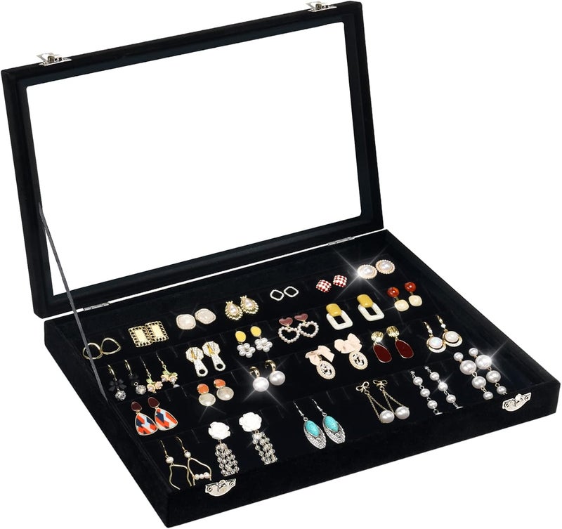 Jenseits Earring Organizer Tray, Earring Box with Clear Lid 80 Slots Velvet Drawer,Earring Tray with Lock, Jewelry Display Case for Women Girls, Black - Image 1