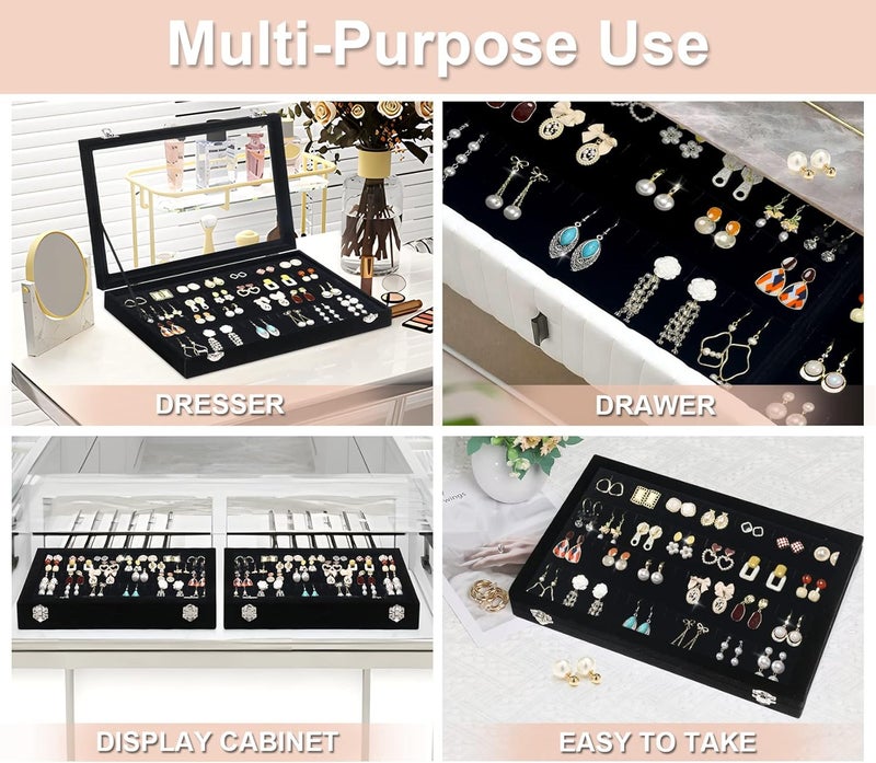Jenseits Earring Organizer Tray, Earring Box with Clear Lid 80 Slots Velvet Drawer,Earring Tray with Lock, Jewelry Display Case for Women Girls, Black - Image 5