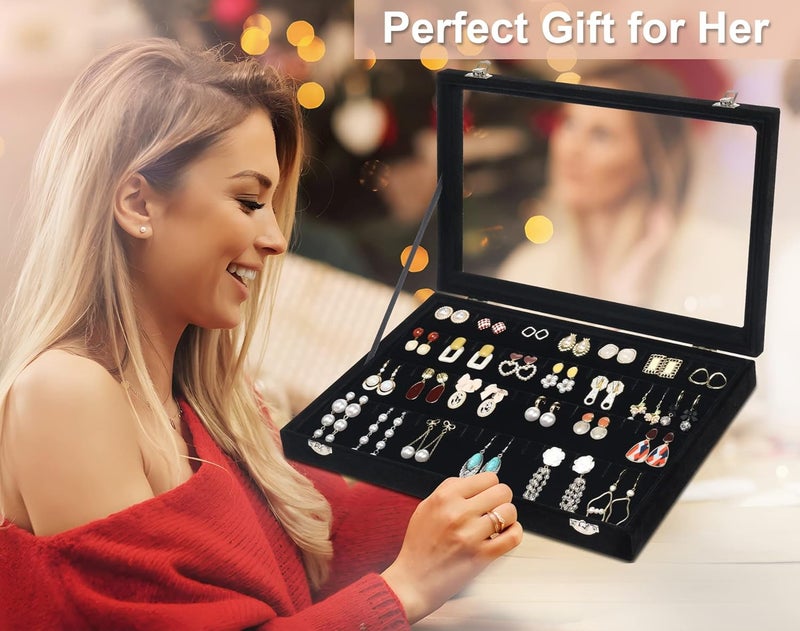 Jenseits Earring Organizer Tray, Earring Box with Clear Lid 80 Slots Velvet Drawer,Earring Tray with Lock, Jewelry Display Case for Women Girls, Black - Image 3