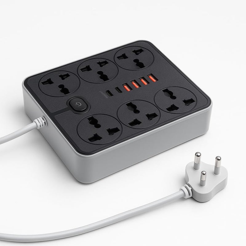 NOJTI لوح تمديد، شريط كهربائي بـ 6 منافذ USB و٣ منافذ عامة، كابل تمديد بقدرة 2500 واط وجهد 10 أمبير، شريط كهربائي مزود بحامي من الصدمات الكهربائية ثلاثي الأطراف للاستخدام المنزلي والمكتبي وأجهزة الكمبيوتر وشحن الهواتف المحمولة (لون أسود - Z67) - Image 1