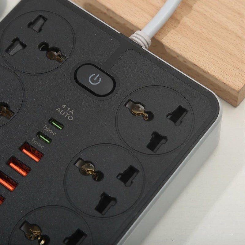 NOJTI لوح تمديد، شريط كهربائي بـ 6 منافذ USB و٣ منافذ عامة، كابل تمديد بقدرة 2500 واط وجهد 10 أمبير، شريط كهربائي مزود بحامي من الصدمات الكهربائية ثلاثي الأطراف للاستخدام المنزلي والمكتبي وأجهزة الكمبيوتر وشحن الهواتف المحمولة (لون أسود - Z67) - Image 5