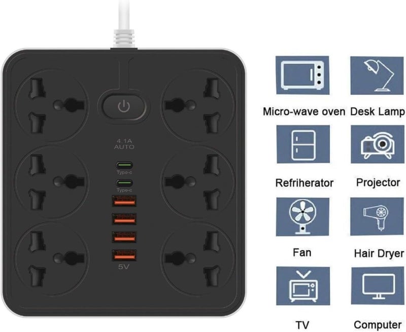 NOJTI لوح تمديد، شريط كهربائي بـ 6 منافذ USB و٣ منافذ عامة، كابل تمديد بقدرة 2500 واط وجهد 10 أمبير، شريط كهربائي مزود بحامي من الصدمات الكهربائية ثلاثي الأطراف للاستخدام المنزلي والمكتبي وأجهزة الكمبيوتر وشحن الهواتف المحمولة (لون أسود - Z67) - Image 4