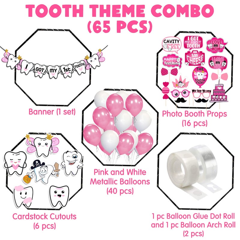 Zyozique 65 pack I Got My First Tooth Decoration Kit included Cutout Photo Booth Paper Banner and BalloonsFirst Tooth Decoration Items1st Teeth Decoration ItemsRice Ceremony Decoration Pink - Image 2
