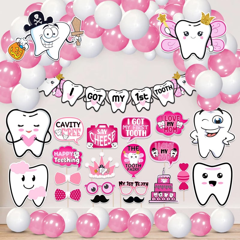 Zyozique 65 pack I Got My First Tooth Decoration Kit included Cutout Photo Booth Paper Banner and BalloonsFirst Tooth Decoration Items1st Teeth Decoration ItemsRice Ceremony Decoration Pink - Image 1
