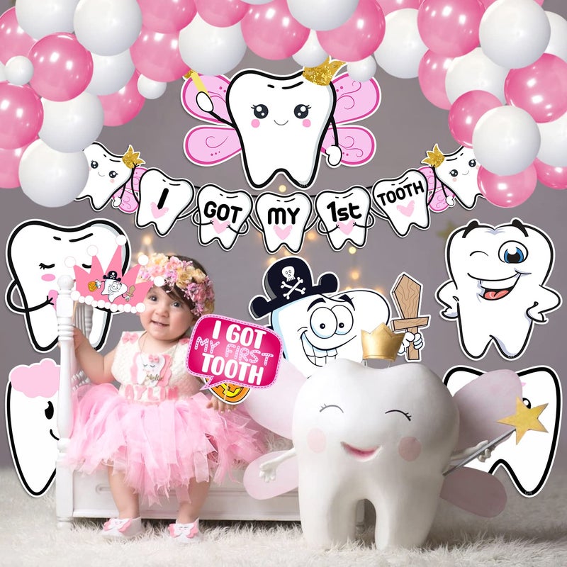 Zyozique 65 pack I Got My First Tooth Decoration Kit included Cutout Photo Booth Paper Banner and BalloonsFirst Tooth Decoration Items1st Teeth Decoration ItemsRice Ceremony Decoration Pink - Image 4