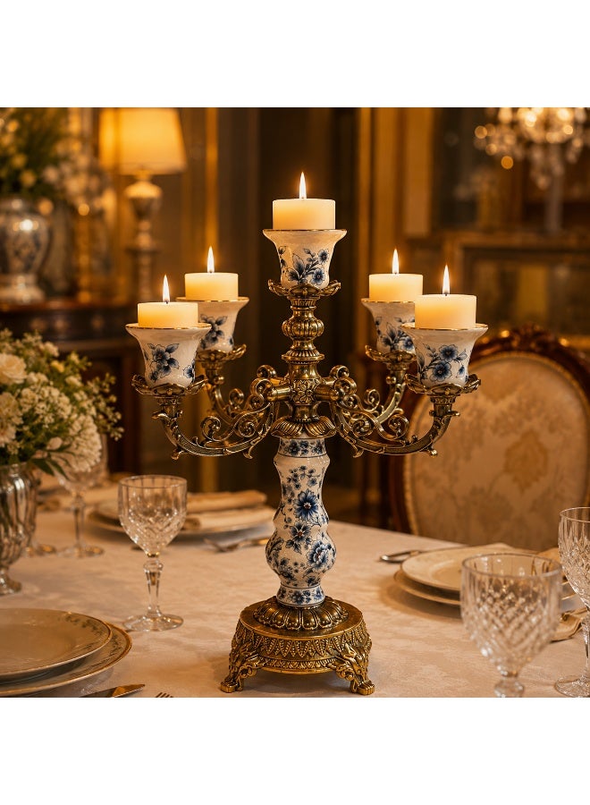 5-Arm Brass Candelabra with Blue & White Floral Porcelain Vases – Vintage Style Centerpiece - Image 3