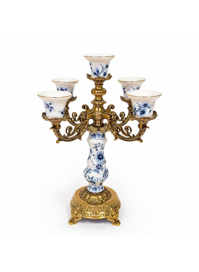 5-Arm Brass Candelabra with Blue & White Floral Porcelain Vases – Vintage Style Centerpiece - Image 1