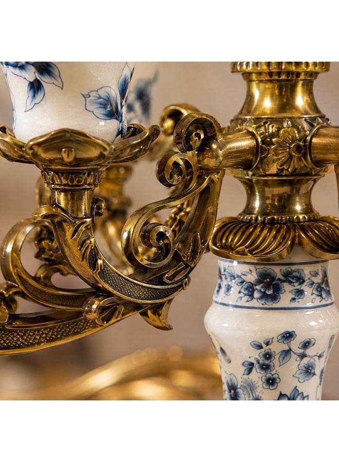 5-Arm Brass Candelabra with Blue & White Floral Porcelain Vases – Vintage Style Centerpiece - Image 4