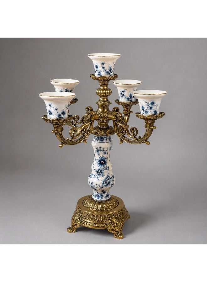 5-Arm Brass Candelabra with Blue & White Floral Porcelain Vases – Vintage Style Centerpiece - Image 2