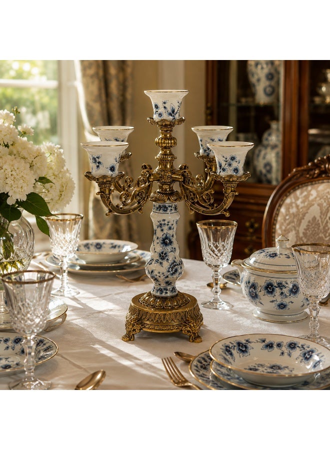 5-Arm Brass Candelabra with Blue & White Floral Porcelain Vases – Vintage Style Centerpiece - Image 5