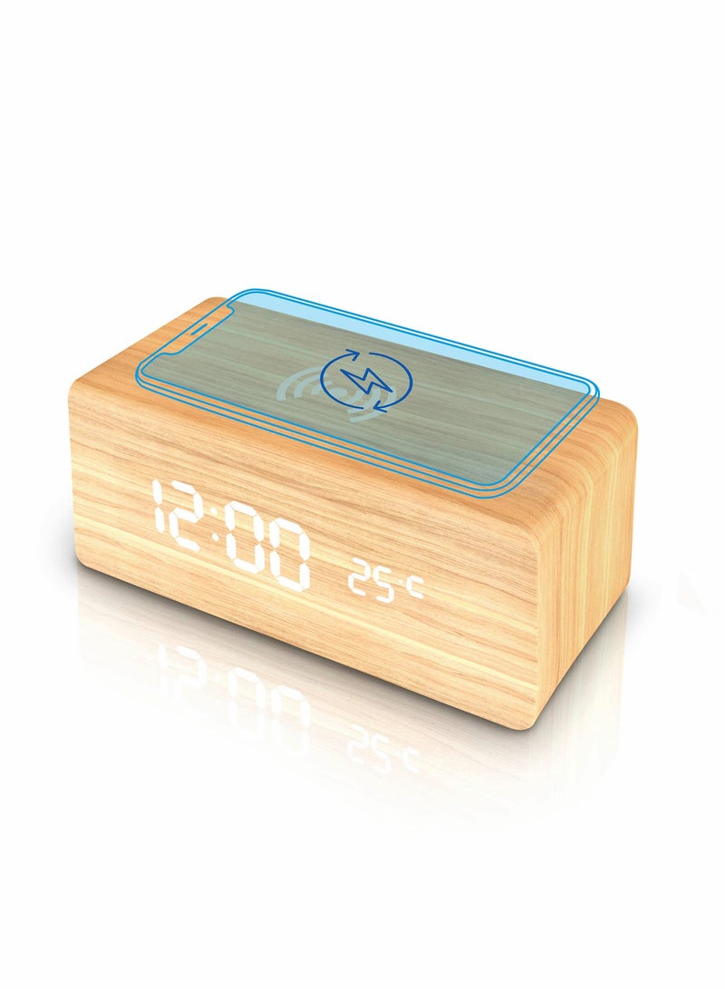Y&D Wooden Alarm Clock with Wireless Charging Pad, LED Digital Temperature Display, Sound Control, Adjustable Brightness, Suitable for Bedroom, Office, Bedside - Image 1