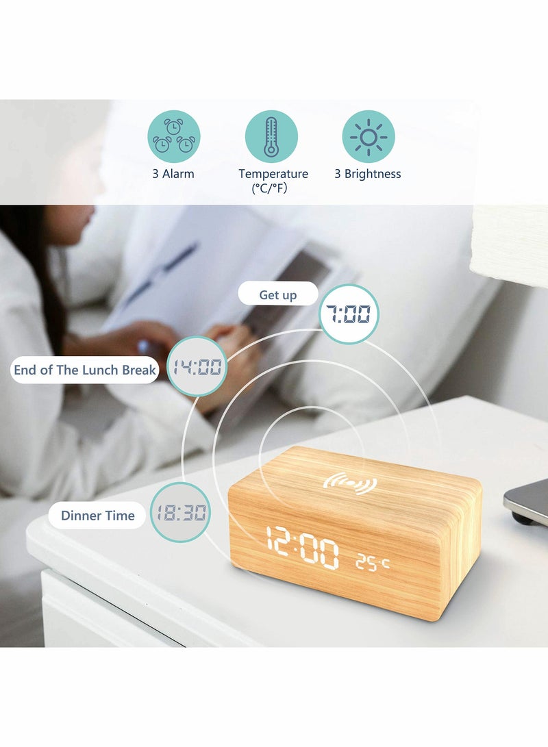 Y&D Wooden Alarm Clock with Wireless Charging Pad, LED Digital Temperature Display, Sound Control, Adjustable Brightness, Suitable for Bedroom, Office, Bedside - Image 4