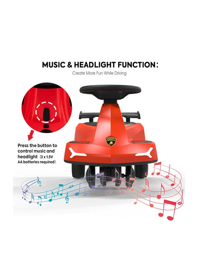 Lamborghini Swing Car Ride On with Lights and Sounds, 360 Rotation, Movable Rear Wing - Red - Image 2