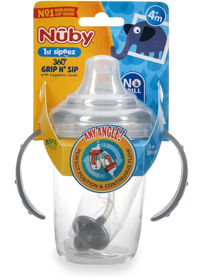 Nuby Nuby Twin Handle 360 Grip N' Sip 8oz Tritan Cup with Hygienic Cover, Grey,1 Count (Pack of 1)  - Image 2