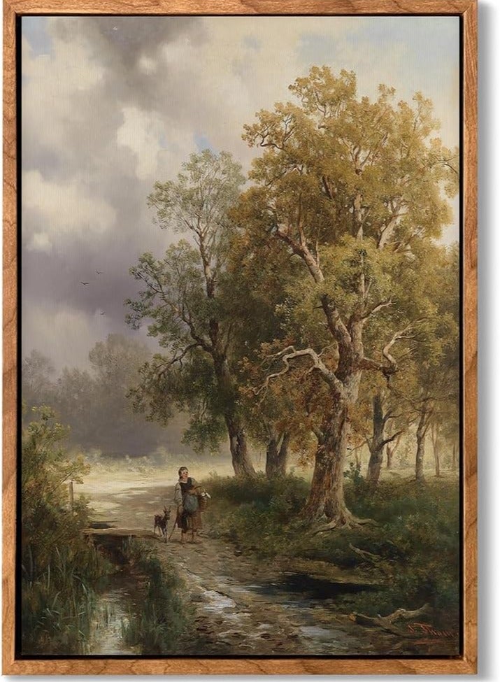 Today Idea Framed Forest Trail Canvas Wall Art, Rustic Landscapes Oil Painting with Elderly Woman and Deer, Serene Nature Scene Decor, Classic Artwork for Living Room, Bedroom, or Office, 16x22in  - Image 1