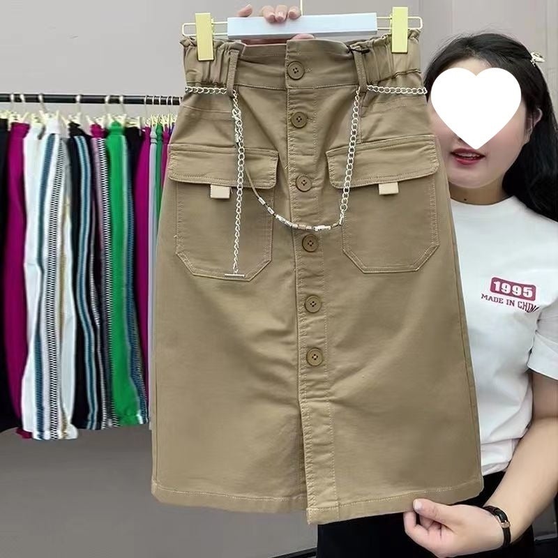 95 Cotton 2024 Korean Style New Mid-Length Skirt Women'S European Single-Breasted Slit Slim A-Line Skirt - Image 5
