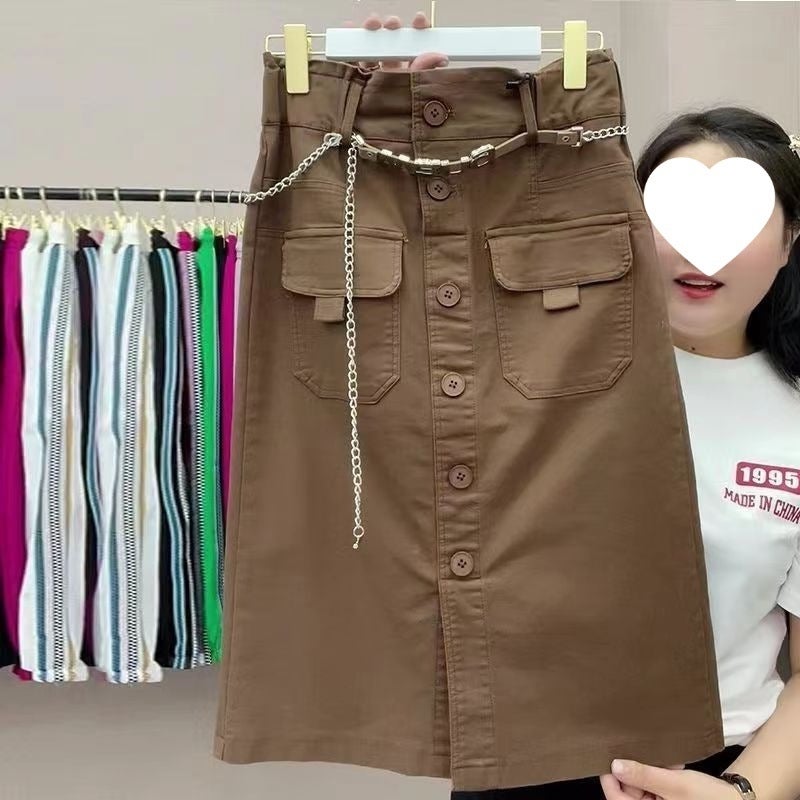 95 Cotton 2024 Korean Style New Mid-Length Skirt Women'S European Single-Breasted Slit Slim A-Line Skirt - Image 2